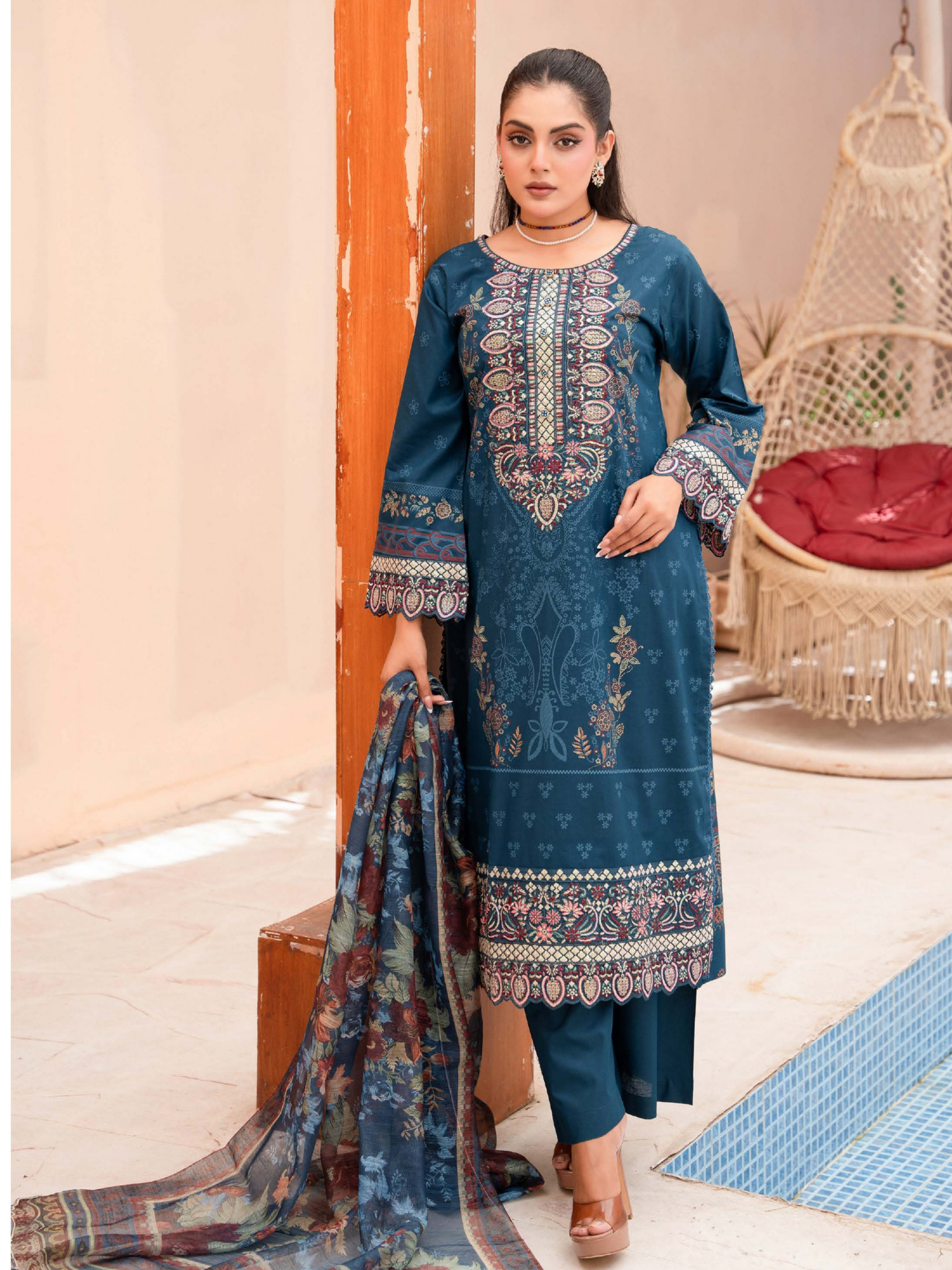 Teal Embroidered Lawn Outfit