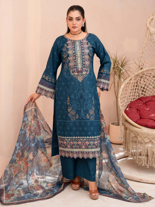 Teal Embroidered Lawn Outfit