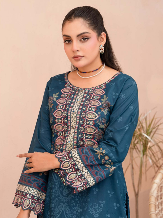 Teal Embroidered Lawn Outfit